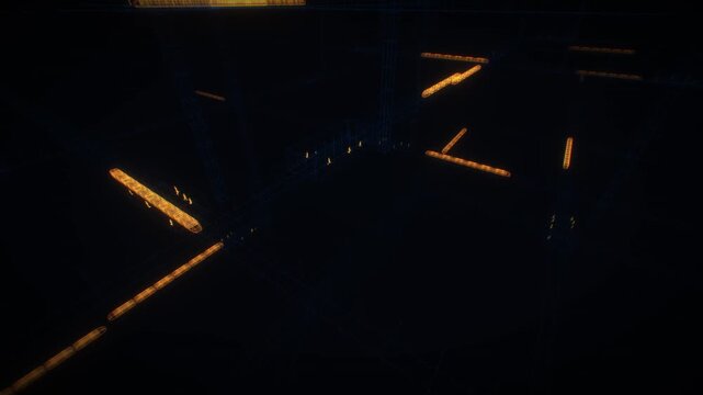High density urban zoning and digital wireframe trains traveling through a dark metropolitan grid in a 3d animation