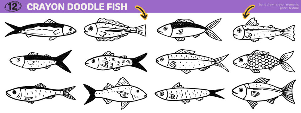 Hand drawn crayon fish set. Whimsical ocean elements with pencil texture. Doodle sea creatures in playful kid style.