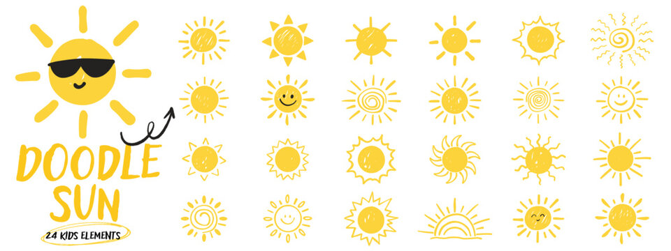 Kids sun icons set. Hand drawn kindergarten doodles in playful style.