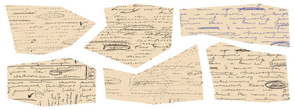 Torn manuscript fragments. Grunge pieces with handwritten unreadable text. Antique paper scraps for archival scrapbook or historical design.