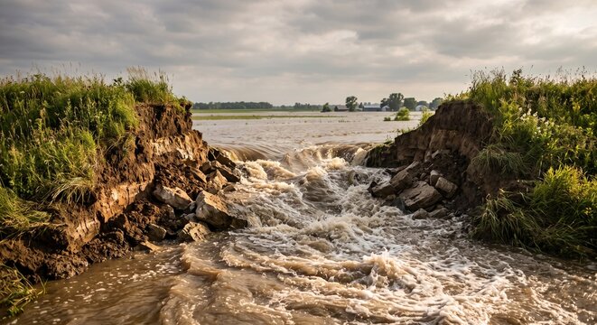 Broken levee with rushing water, Floodwater breaching riverbank with strong current in rural landscape  