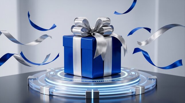 3D render of elegant blue gift box tied with silver bow on futuristic glowing podium with floating ribbons, ideal for premium rewards, giveaways, and holiday promotions.