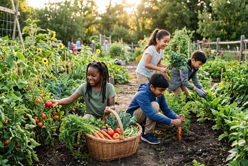 Fototapeta premium A group of children enjoys their time in a community garden. They collect vegetables and fruits like carrots and tomatoes. The sun sets in the background