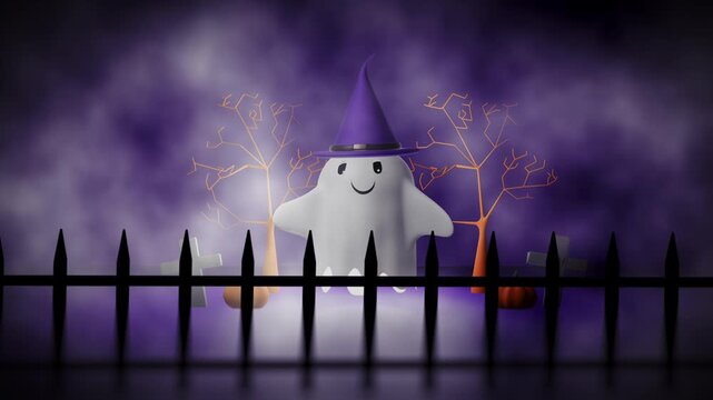 Halloween cute ghost dancing in foggy purple background