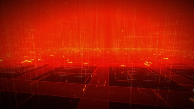 Glowing red digital twin matrix of high density urban superblocks and autonomous vehicle traffic in a 3d animation