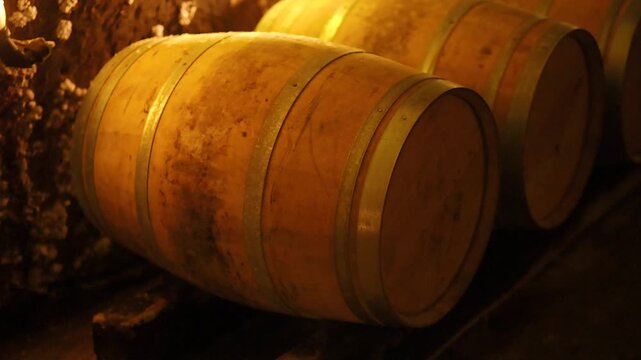 Aging wine barrels in dimly lit cellar, cinematic footage showing rows of wooden casks for fermentation and storage.
