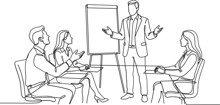 A continuous line art drawing of a business team attending a presentation in a modern office setting.