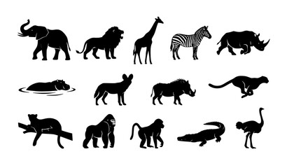 Obraz premium African Wildlife Silhouette Animals Safari Vector Icon Set