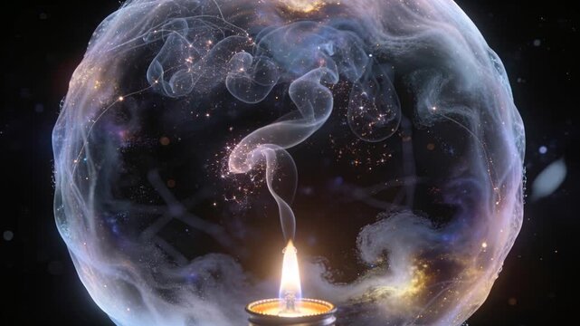 Flickering candle flame creating rising smoke within glowing bubble in dark void, tiny sparks