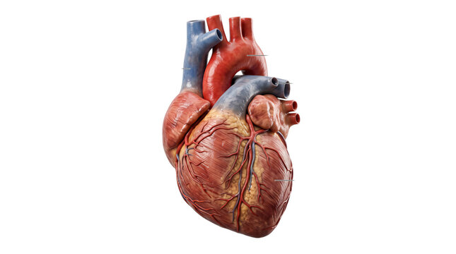 Human heart anatomy 3D model. Detailed medical illustration of cardiovascular system with aorta and ventricles. White background