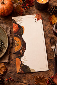 Blank autumn menu card template on wooden table with pumpkin soup, fall leaves, candle and copy space