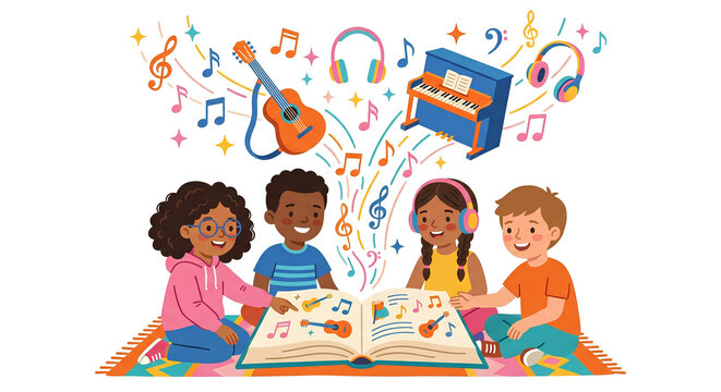 Children Music Education Learning from Magical Open Book Vector Illustration, Ideal for Elementary School and Kids Creative Banner