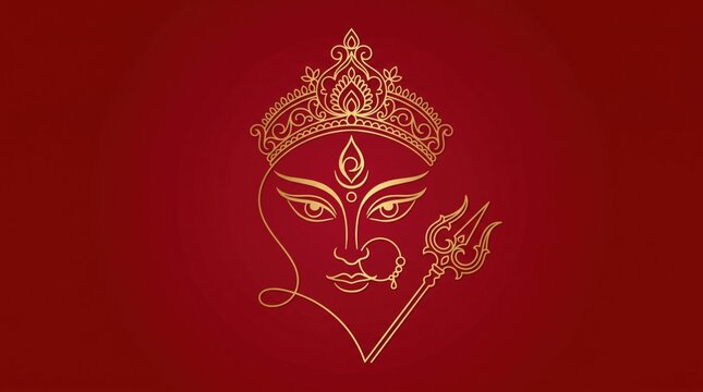 Golden line art silhouette of goddess Durga face profile with crown and trishula
