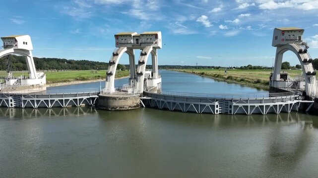 Aerial view of the Driel Weir (Stuw bij Driel). It is a major water management structure located in the Nederrijn river near Driel, Gelderland. Often referred to as the "tap of the Netherlands" (de kr