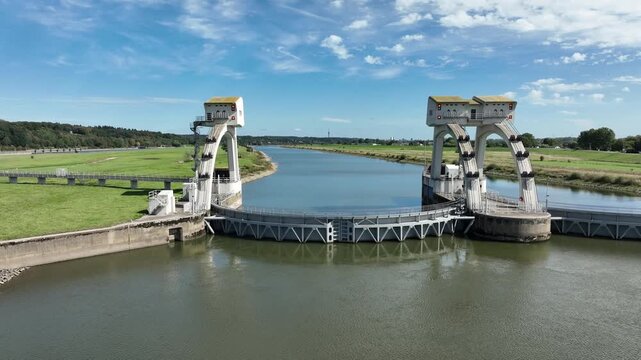Aerial view of the Driel Weir (Stuw bij Driel). It is a major water management structure located in the Nederrijn river near Driel, Gelderland. Often referred to as the "tap of the Netherlands" (de kr