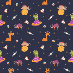 Dinosaur in space hand drawn cartoon so cute. On moon Saturn rocket ufo satellite star space background. Pattern seamless vector illustration.  © Therdsak