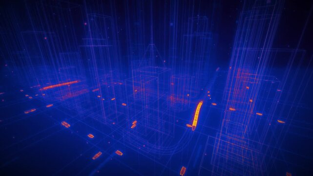 Futuristic blue wireframe skyscraper cluster with glowing orange vehicle traffic moving along digital city streets in a 3D motion background