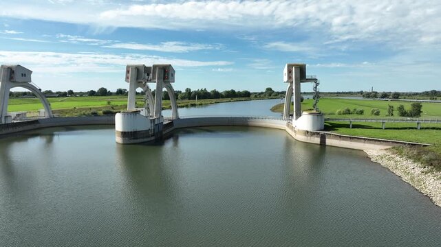 Aerial view of the Driel Weir (Stuw bij Driel). It is a major water management structure located in the Nederrijn river near Driel, Gelderland. Often referred to as the "tap of the Netherlands" (de kr