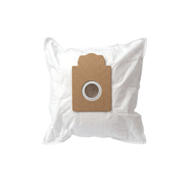 White replacement vacuum cleaner dust bag with brown cardboard connector isolated on white background