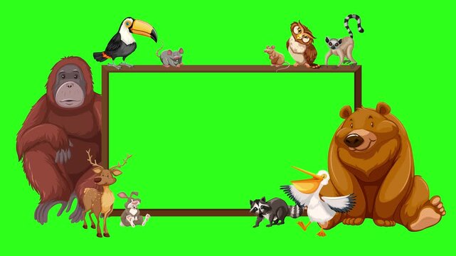 Cartoon animals surrounding blank wooden sign on green screen background with dynamic pop up animation.