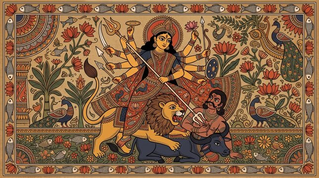 Traditional Indian art depicting Goddess Durga slaying the buffalo demon in classical style