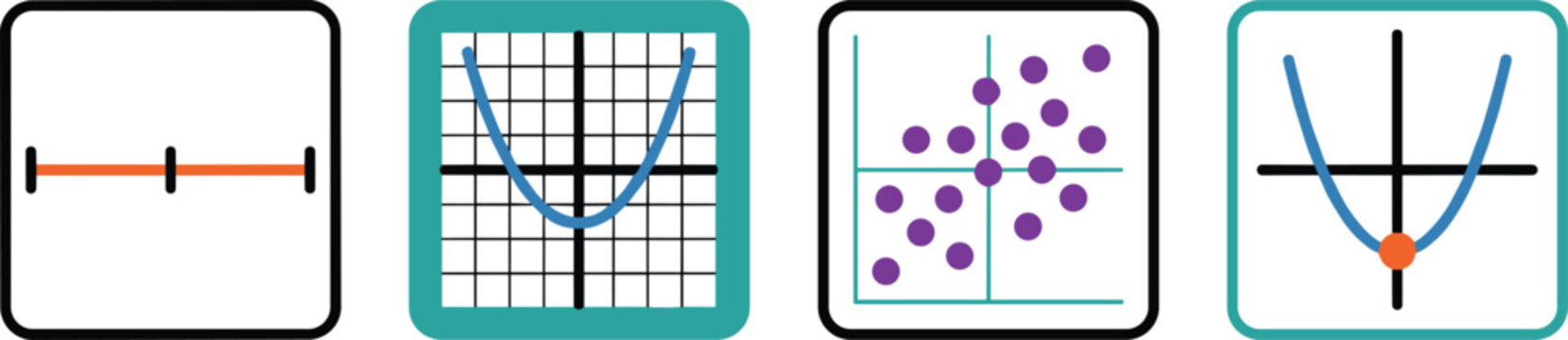 Set of four mathematical icons representing a line segment, a parabola on a grid, a scatter plot, and a vertex of a parabola