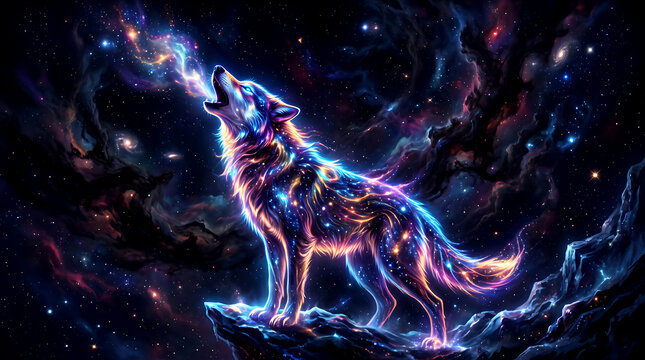 Mystical glowing wolf howling under cosmic nebula lights in space