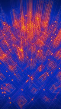 Vertical overhead perspective reveals glowing orange wireframe skyscrapers and dense CAD city infrastructure data in 3D animation