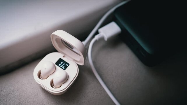 White wireless earbuds charge in an open case connected to a black power bank. Concept of portable energy, modern technology, electronic gadget accessories, and low battery.