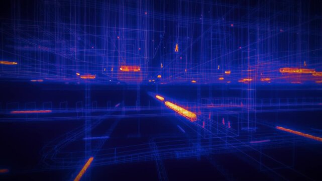 Subway transit interior wireframe displays orange pedestrian figures and metro trains moving through blue architectural mesh