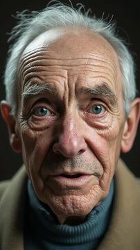 Close-up of elderly man's face during eye test. His deep wrinkles show age and experience. Blue eyes focus sharply, reflecting concentration. Hair is gray and slightly messy