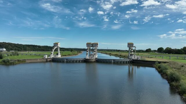 Aerial view of the Driel Weir (Stuw bij Driel). It is a major water management structure located in the Nederrijn river near Driel, Gelderland. Often referred to as the "tap of the Netherlands" (de kr