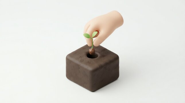 Hand planting small sprout in soil cube