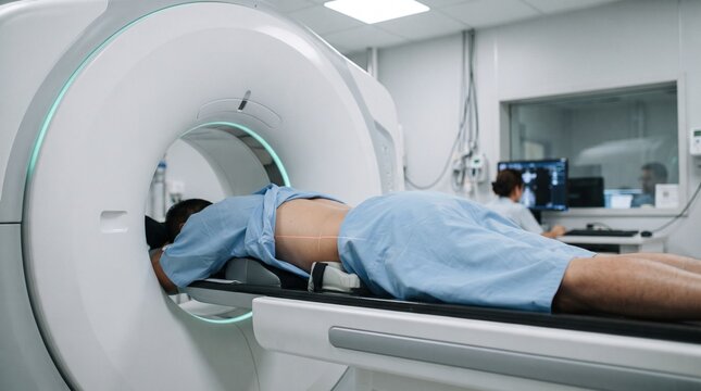 Patient undergoing lumbar spine ct scan lying on medical imaging table in hospital setting