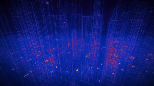 Futuristic blue wireframe cityscape displays glowing orange data beacons and CAD building geometry in an aerial 3D animation