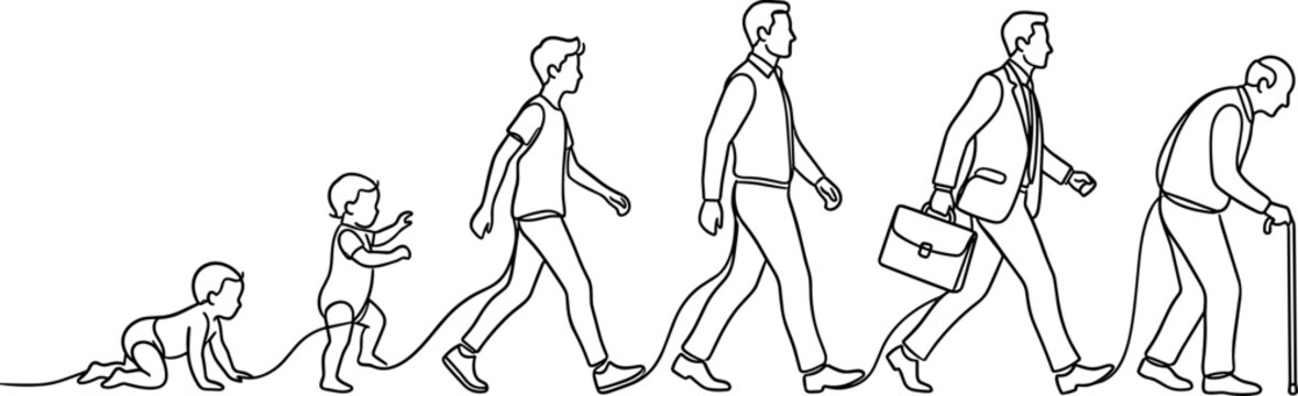 A continuous line art illustration depicting human life stages from infancy to old age showing growth aging and the passage of time.