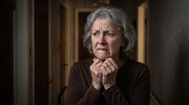 Anxious Senior Woman Experiencing Fear and Vulnerability at Home