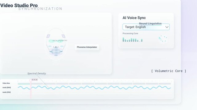 AI voice synchronization software interface with facial matrix rig and phoneme interpolator animating to an audio spectral density waveform while switching target language from English to Spanish