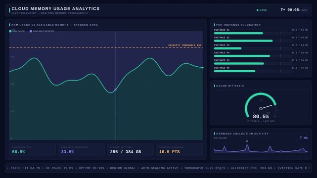 Digital cloud memory usage analytics dashboard showing real-time data trends