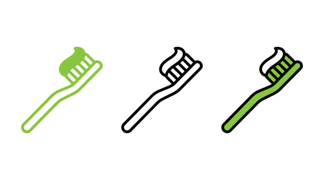 Minimalist vector illustration showing green toothbrushes with toothpaste in different graphic styles for dental design