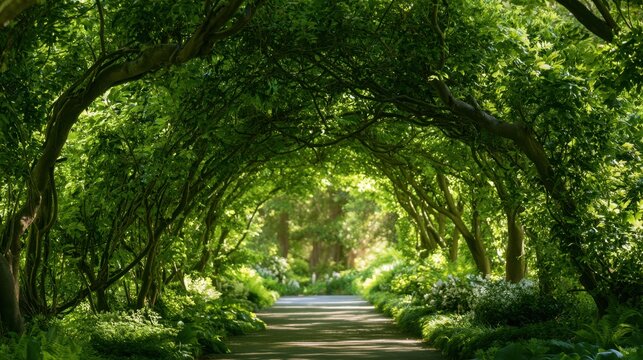 Serene tunnel of lush green trees arching over peaceful garden pathway surrounded by vibrant plants in natural sunlight