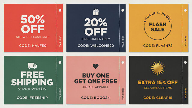 A set of colorful promotional retail coupon tags for discounts and free shipping offers. Use these commercial labels for e-commerce sales and marketing campaigns.