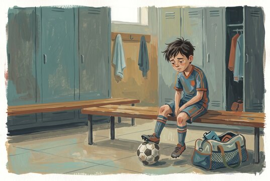 A boy sits on a bench in a locker room, looking down at a soccer ball. He wears a sports uniform and is surrounded by lockers and a sports bag