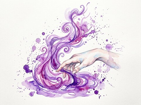 Human hand reaching into flowing purple liquid energy waves as liquid paint swirls and dances across the creative canvas representing magic spell casting fantasy art concepts for spiritual dream