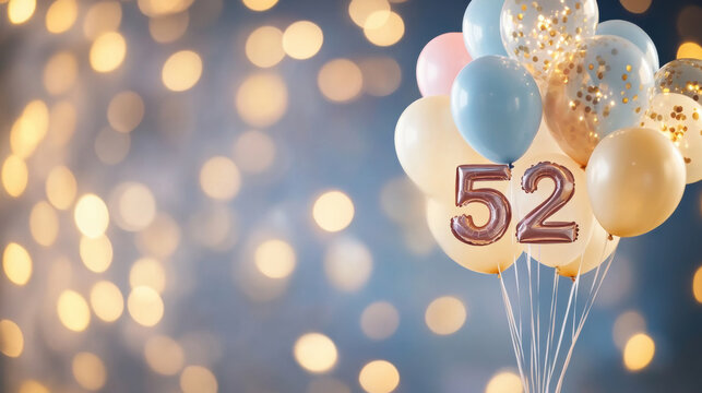 Colorful balloons displaying the number 52 shine softly with sparkling lights, creating a festive atmosphere