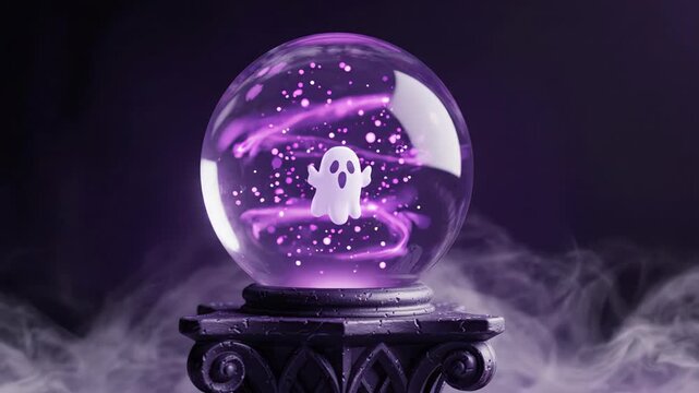 3D ghost inside magic crystal ball with purple glowing sparks