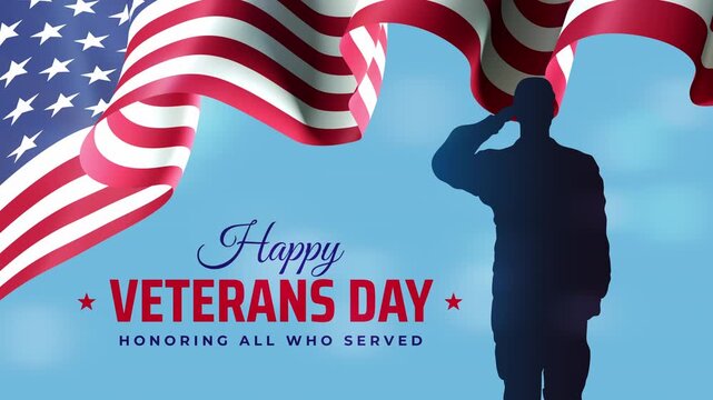Happy veterans day banner. November 11th. Waving american flag, silhouette of a saluting us army soldier veteran. Veterans Day, november 11, US national holiday. Animated greeting card. Seamless loop
