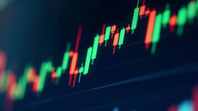 A dynamic close-up timelapse of candlestick charts rising and falling on a trading screen, reflecting market volatility and momentum. trading bots, algorithmic trading, AI assistant agents