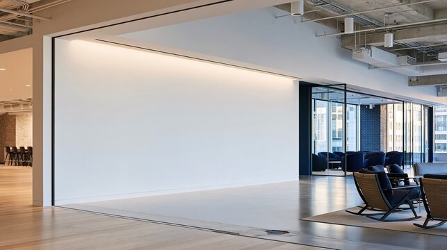 Large blank white wall in a modern office lobby with navy blue lounge chairs and glass partitions, providing copy space for corporate mockups