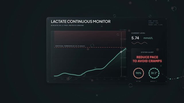 Animated user interface of a continuous lactate monitor tracking athletic performance, showing rising levels crossing a critical threshold and triggering a system alert to reduce pace